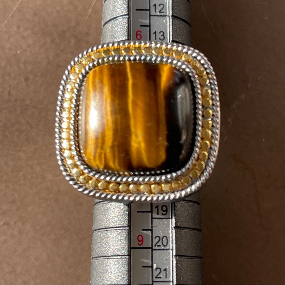 Big beautiful tiger eye sterling silver snd gold plate square ring size 7 - Picture 2 of 9